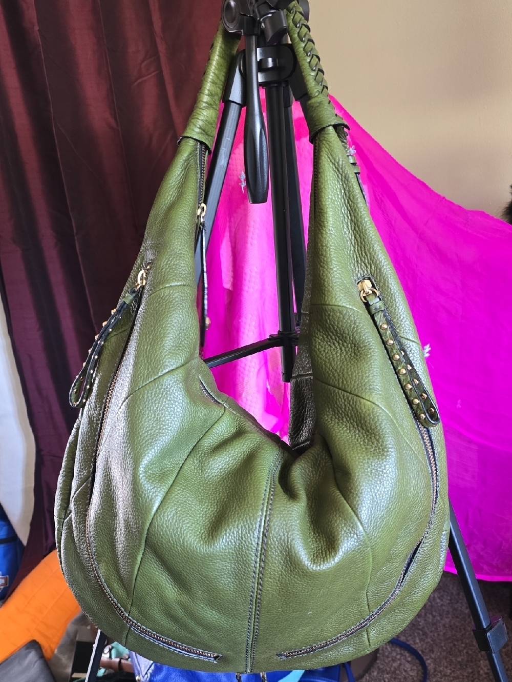 orYANY Olive Green Leather Hobo with Studded Zipper Accents